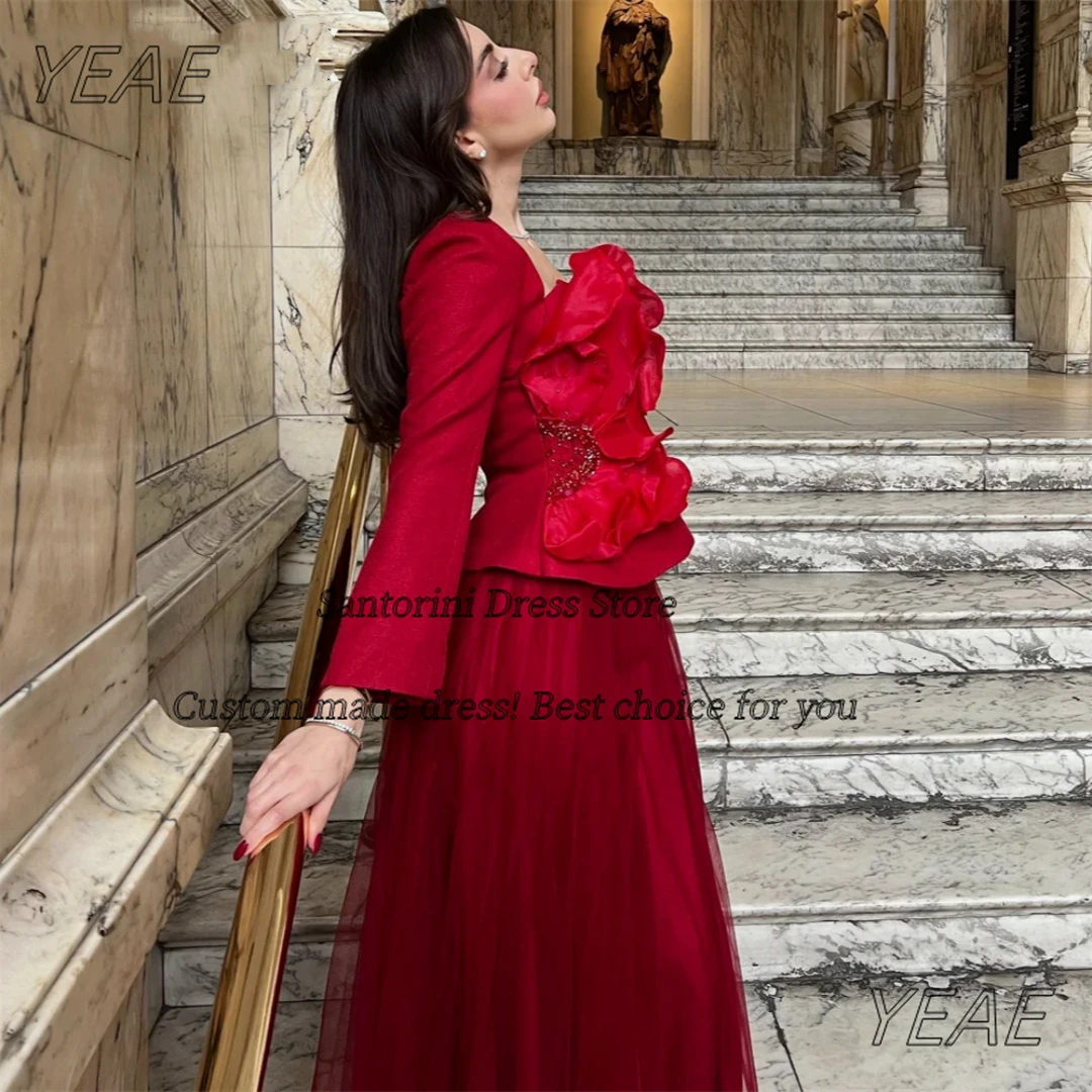 Santorini Ankle Length Tulle Evening Dresses Customized Beaded Ruched Square Neck Prom Dress Long Sleeves Wedding Party Gowns