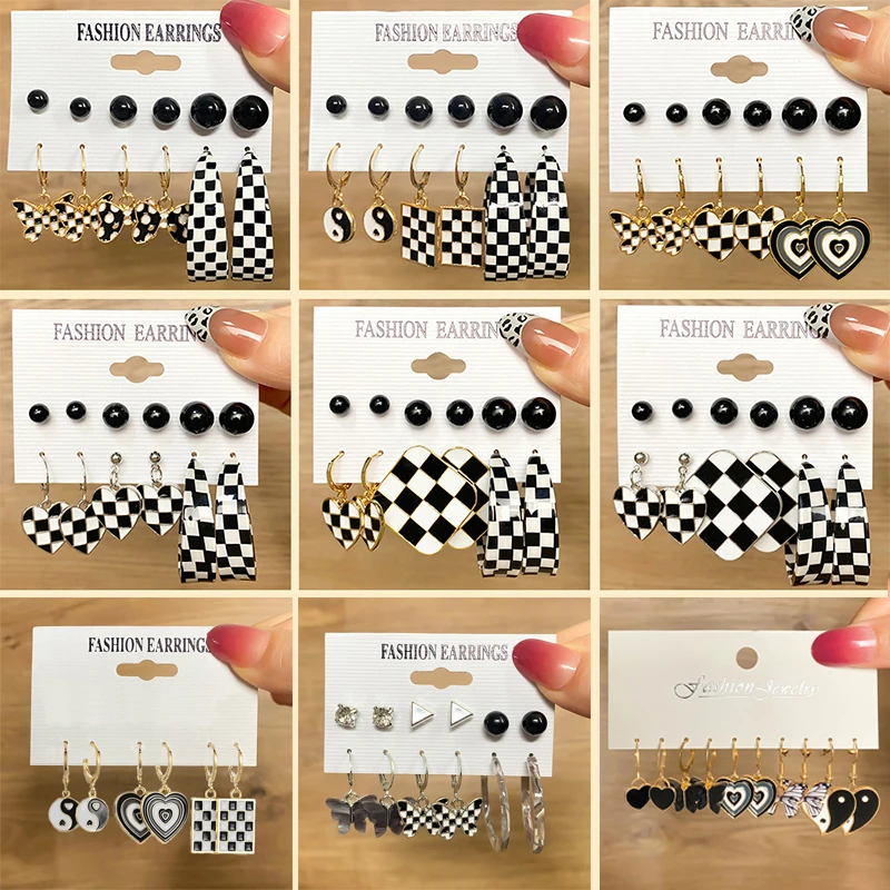 

Vintage Checkerboard Drop Earrings Set for Women Black White Check Heart Tai Chi Earring Ear Studs Party Cool Jewelry Gifts