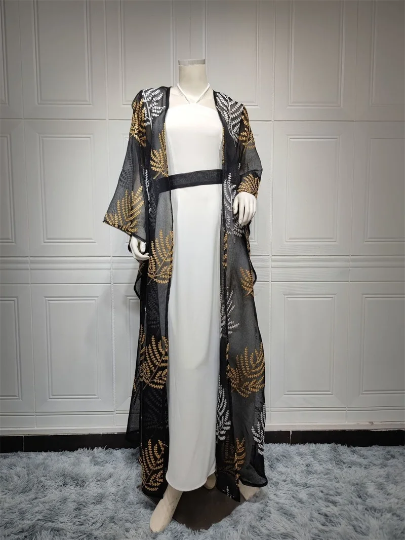 Abayas for Women Dubai 2022 Black Mesh Embroidered Front Open Abaya and White Halter Neck Vest 2 Pieces Muslim Set New