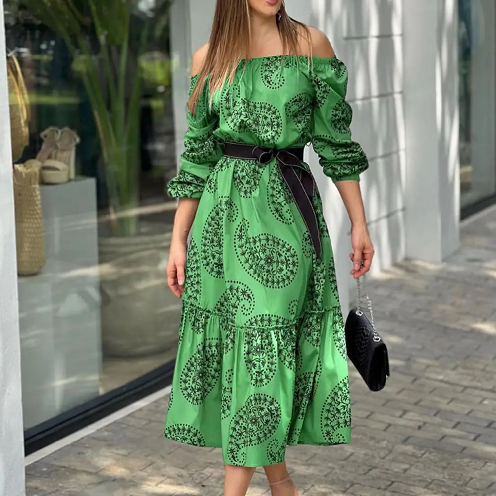 

Long Sleeve Belted A-Line Midi Dress Vintage Print Off Shoulder Lady Elegant Casual Women's Dresses For 2022 Female Clothes