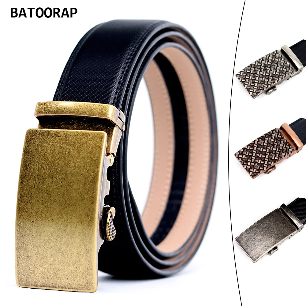 Men's Belt Leather High Quality Vintage Craft Automatic Buckle Ratchet Belt Luxury Formal Waist Strap Black Male 110-130cm