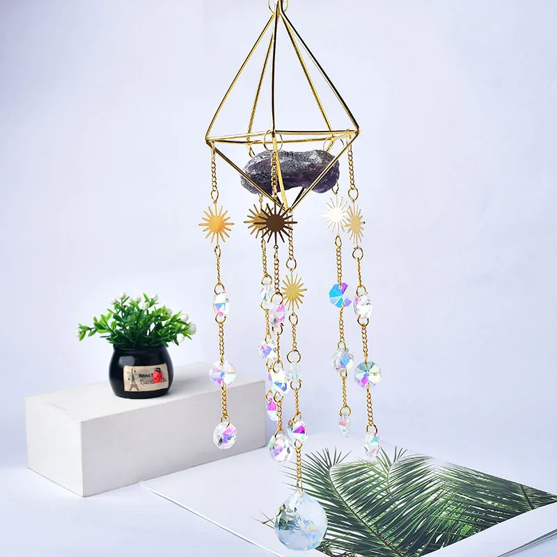 

1PC Natural Crystal Amethyst Sunstones Wind Chime Made Coloured Glaze Catchers Pendant Window Hanging Ornament Home Decor Gifts