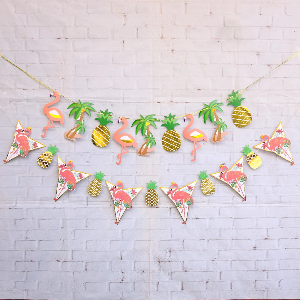 Gilded Flamingo Pineapple Banner Hawaii Summer Birthday Party Decor Happy Tropical Aloha Hawaiian Flamingo Garland Beach Party