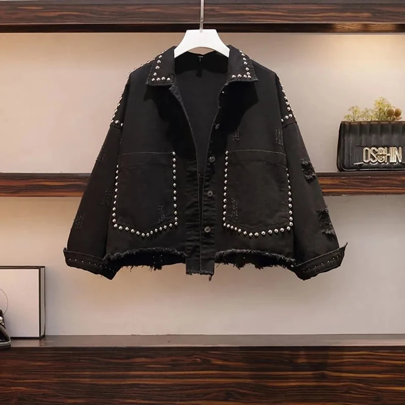 

Spring Autumn Black Plus Size Women Denim Coats Solid Color Loose Studded Oversize Female Jean Jacket Chic Cowboy Outerwear Tops