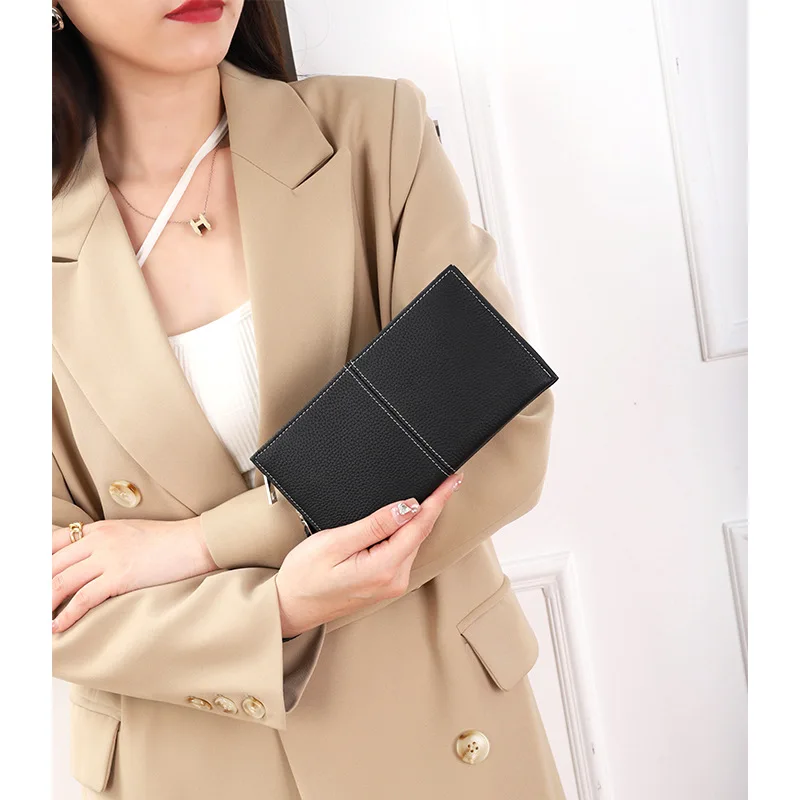 Long Wallets for Women Luxury Brand Design Zipper Genuine Leather Clutch Wallet Wrist Strap Coin Purse Card Holder Small Handbag