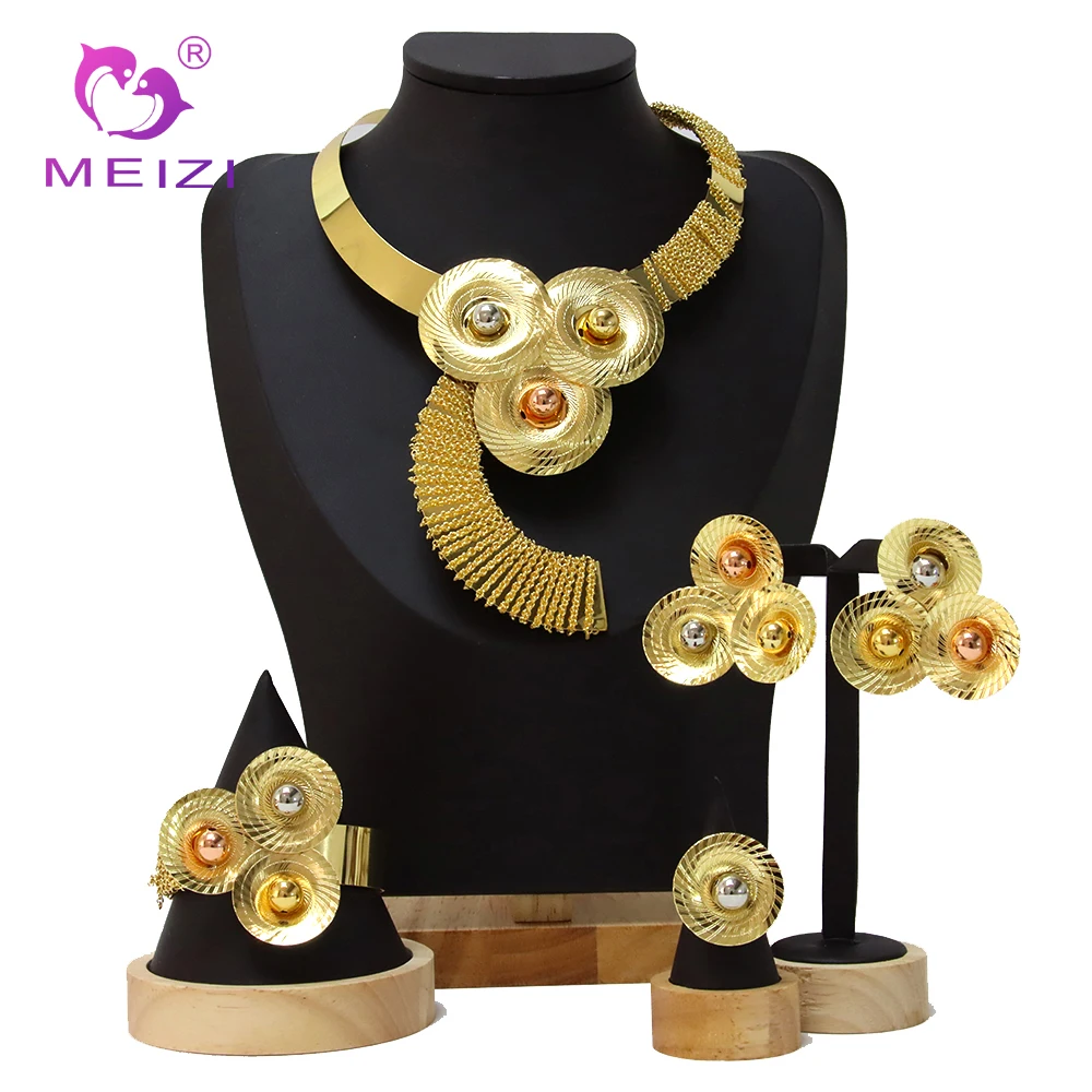 

Luxury Brazil Gold Wedding Jewelry Sets For Women 4 Pieces Free Shipping Ladies Exquisite Necklace Earrings Ring Bracelet Gift