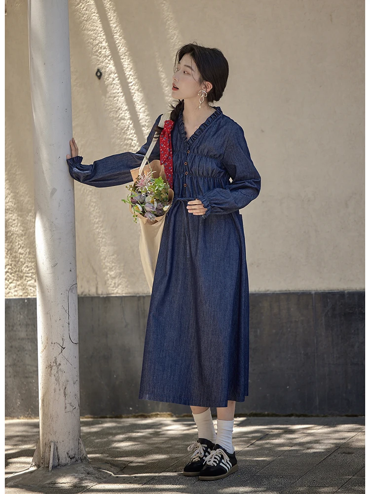 Элегантная джинсовая юбка с деревянными ушками платье длинными рукавами женское