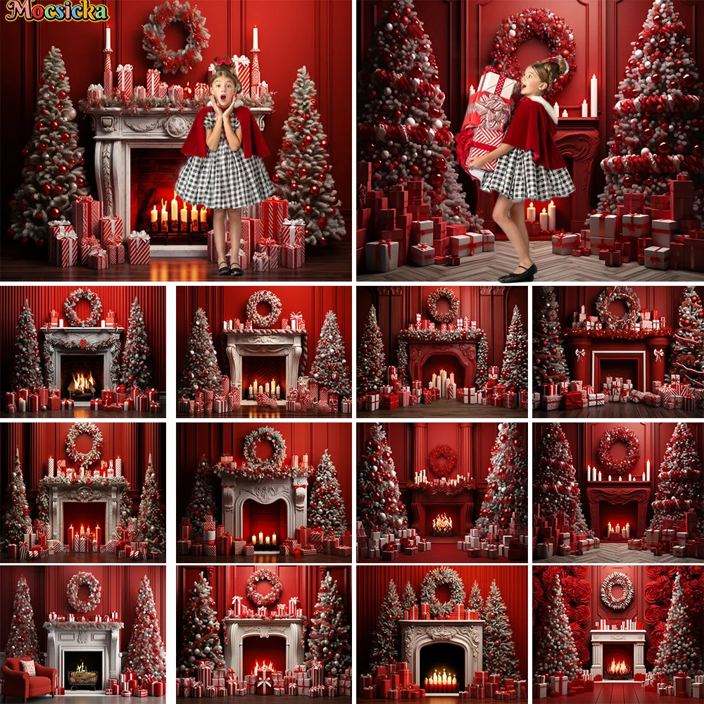 

Red Christmas Fireplace Background Burning Candle Decor Gift Booth Backdrop Xmas Tree Wreath Family Portrait Photo Studio Props