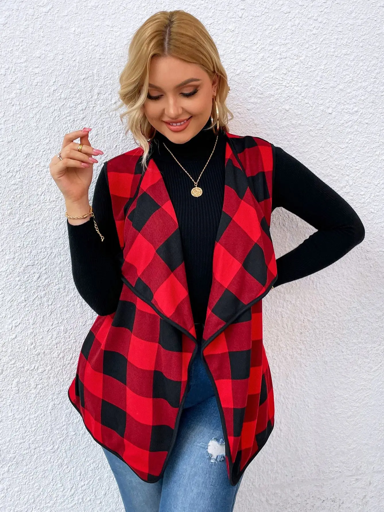 Plaid Midi Coats Women Large Plus Size 4XL Sleeveless Jackets England Style Autumn 2022 Casual Elegant Turn-down Collar Outwear