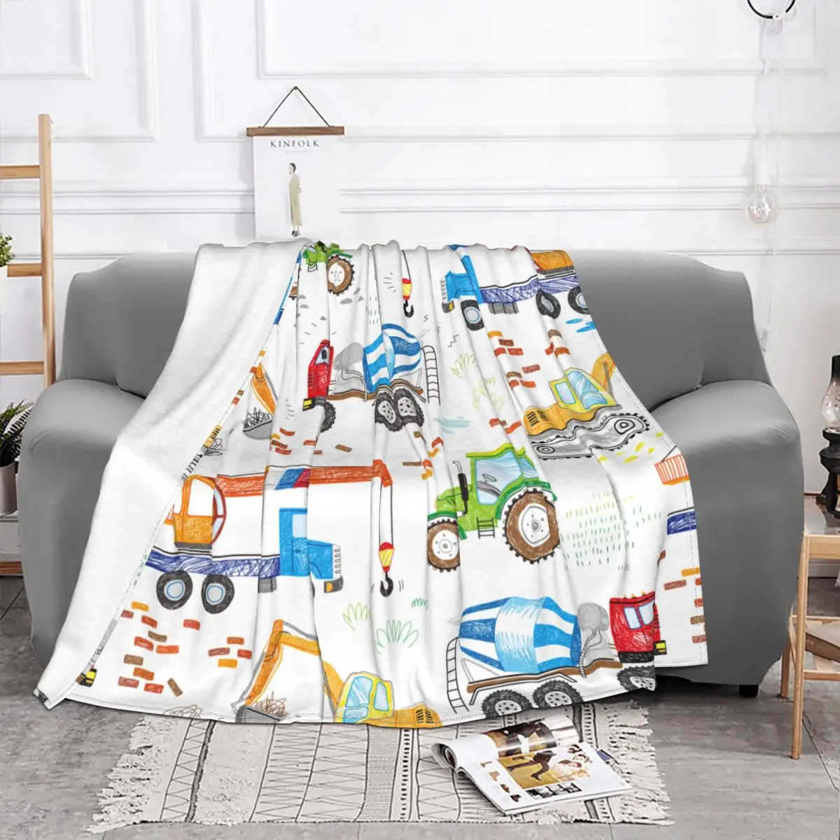 

Cartoon Truck Excavator Blankets Velvet Spring/Autumn Child Car Anime Plaid Breathable Soft Throw Blankets for Bed Bedroom Quilt