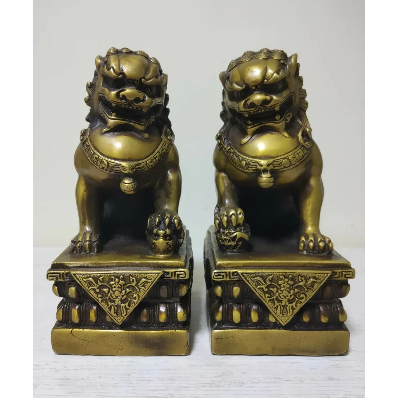 

Antique bronze fengshui Fu Foo Dogs guard Lion Leo Ball Animal Pair Lions Statue