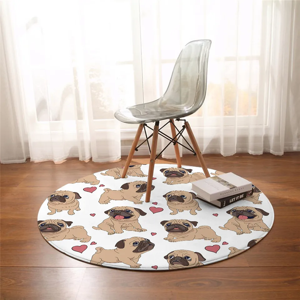 

Hippie Pug Round Carpets For Living Room Animal Cartoon Area Rug Cute Bulldog Floor Mat for Kids Bedroom Play Mat