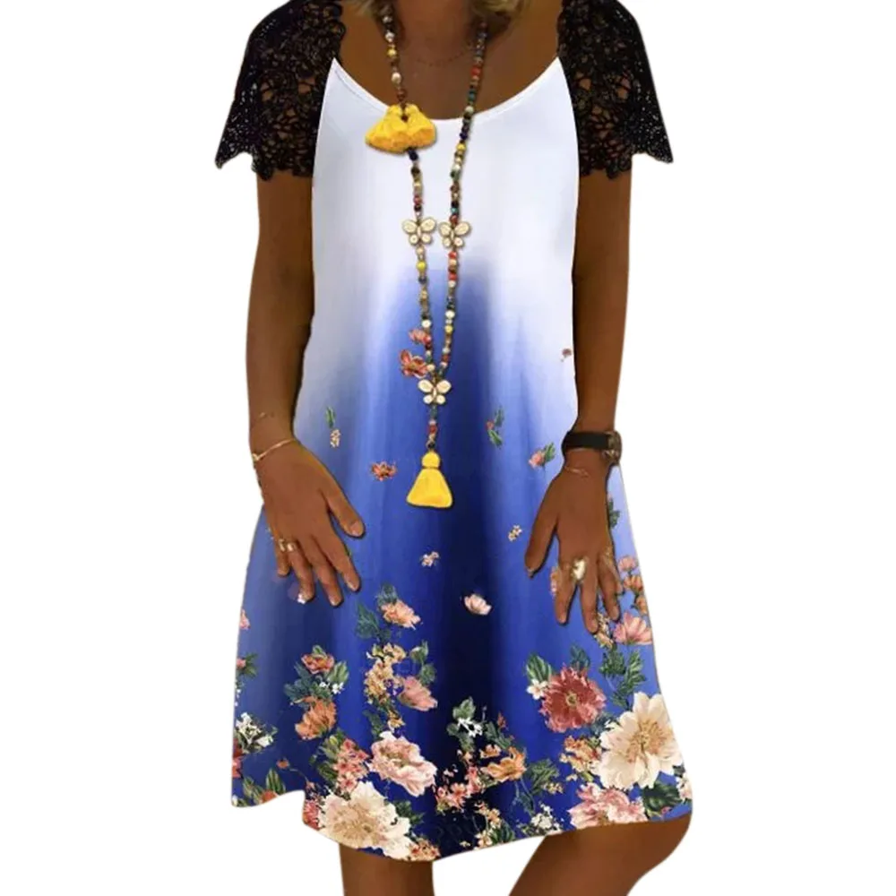 

Vintage Floral Print Dress Women Summer Lace Short Sleeve Mini Dress Casual A-line Sundress Female Loose Pullover Dress Vestidos