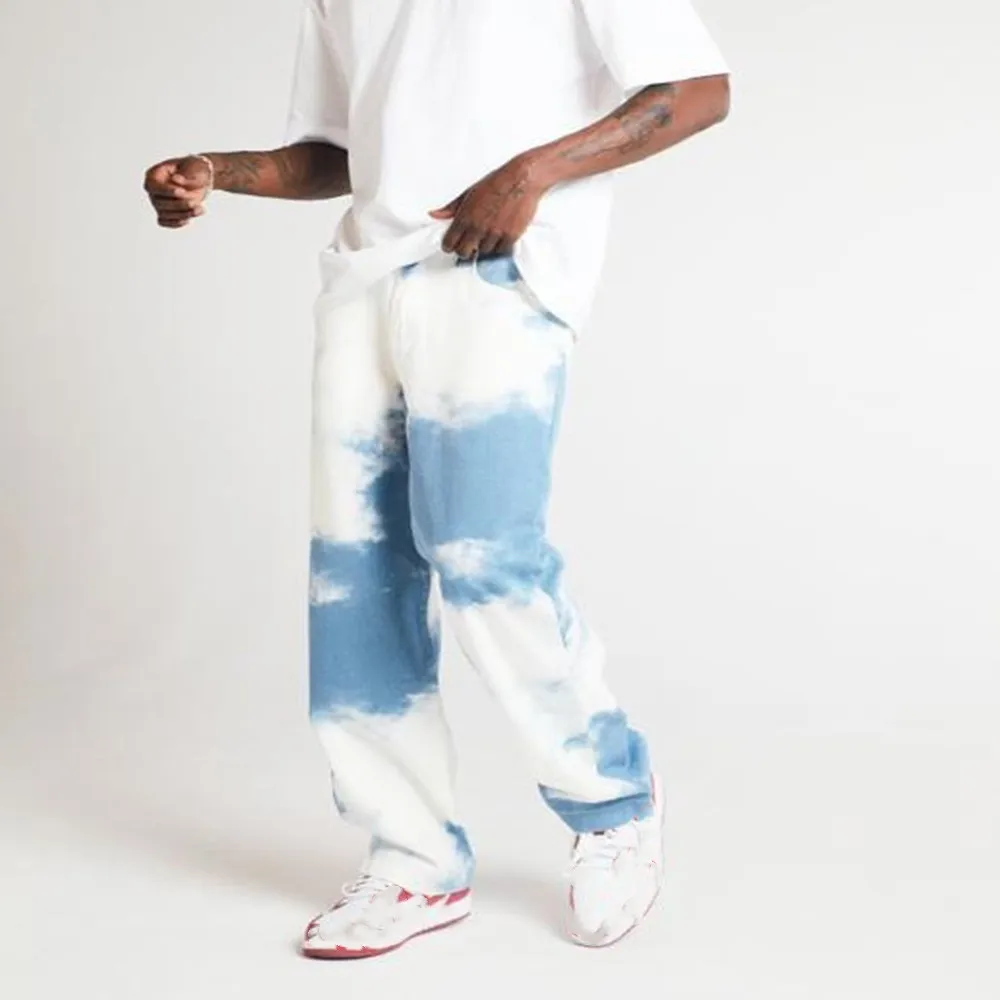 Men Straight Casual Print Jeans Streetwear Hip Hop Loose Baggy Denim Pants Male Blue wide leg Trousers