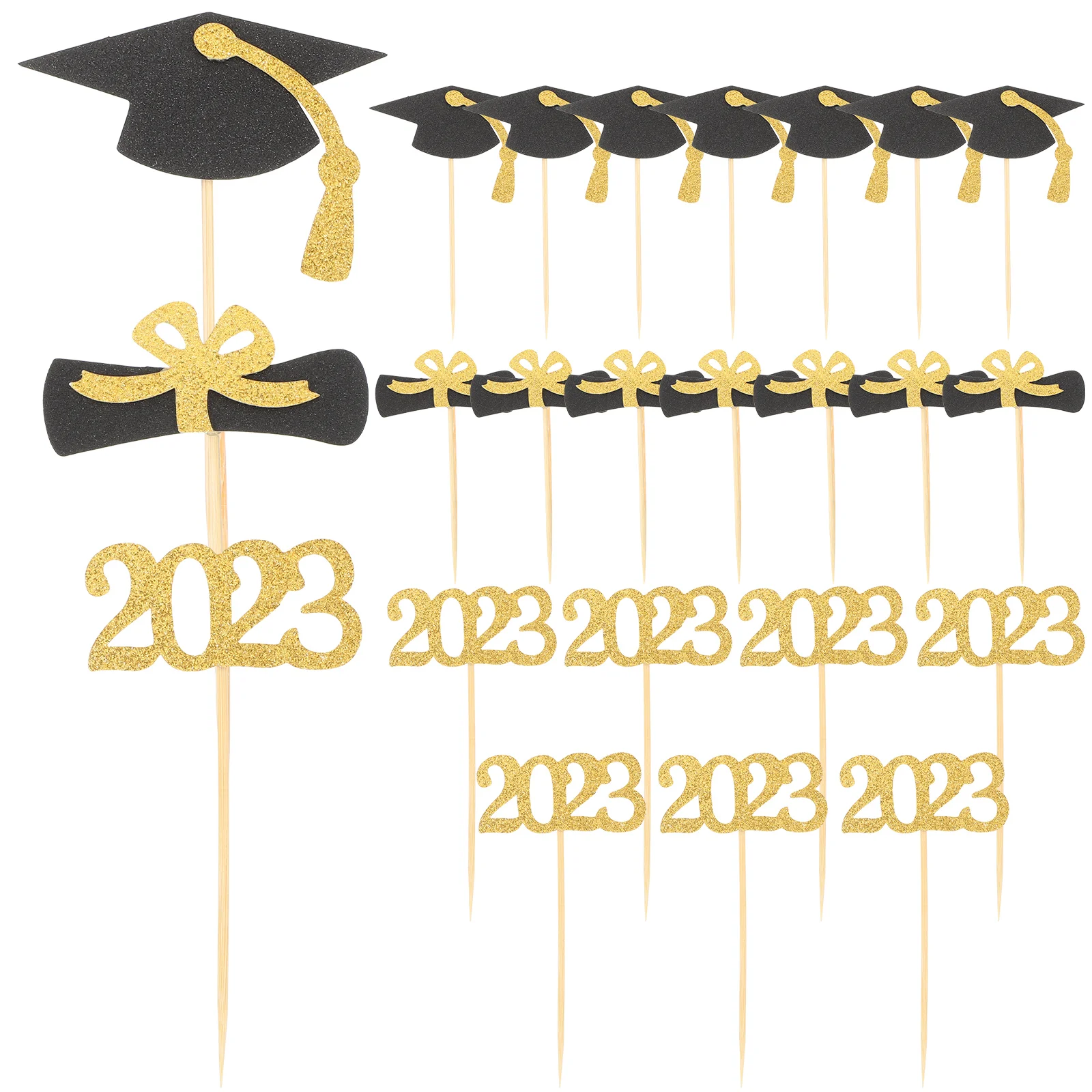 

24 Pcs 2023 Graduation Card Insertion Cupcake Decors Party Decoration Topper Gold Paper Cups Salad Toppings Dessert