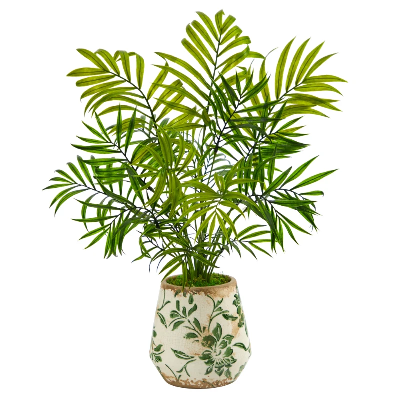 

18" Plastic/Polyester Mini Areca Palm Artificial Plant in Floral Vase, Green