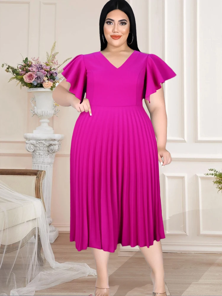 Plus Size Draped Pleated Midi Dresses Women Ruffle Sleeve Ruffles V Neck A Line Summer Fashion Gown Event Party Birthday Robes