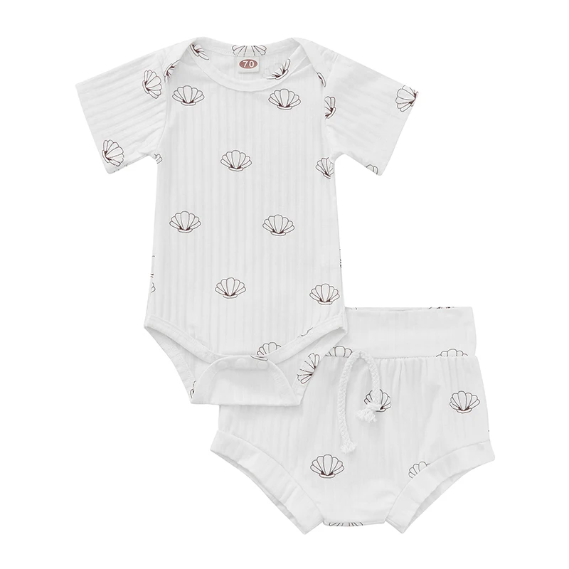 

Baby Summer 2PCS Romper, Shell & Ribbed Short Sleeves Envelope Neck Snap Romper, Same Style Short Straps Triangle Pants