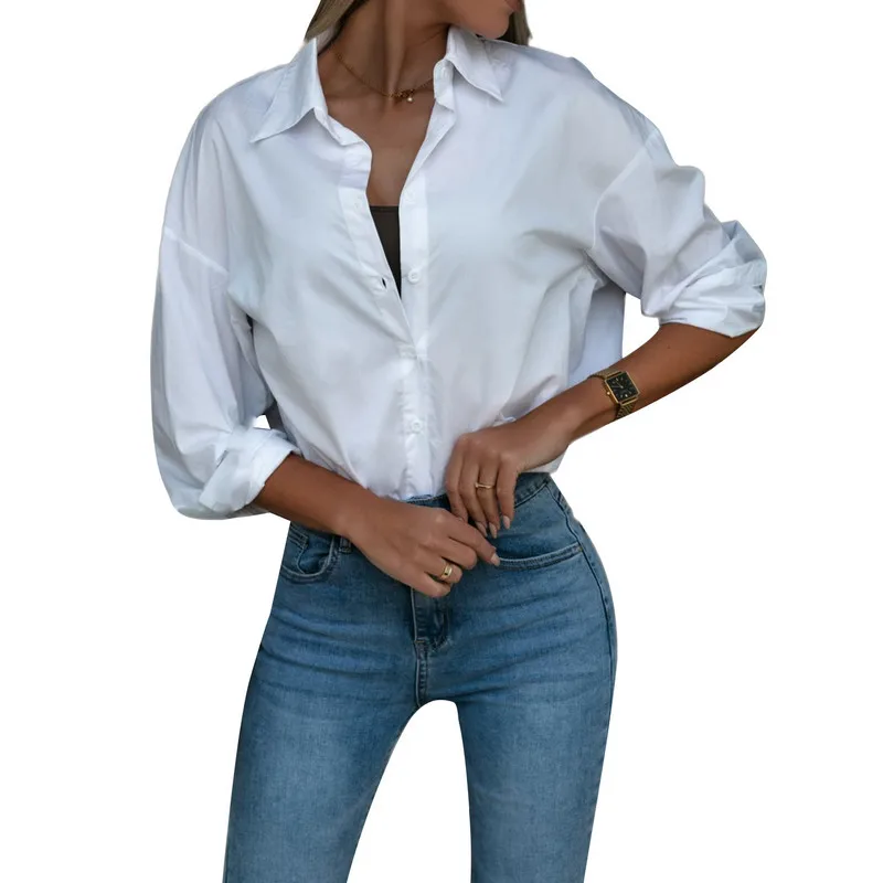 

Women Spring Autumn Casual Shirt 2022 Office Ladies Solid Color Long Sleeve Lapel Button Down Blouse Work Business Clothes