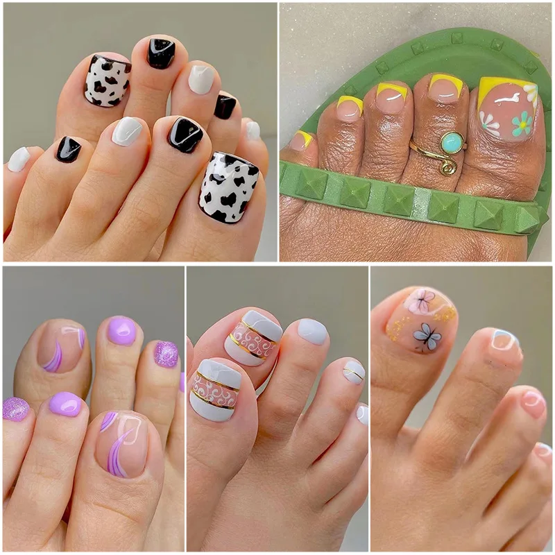 Fashion Square Short Fake Nail With Glue Cute Multiple Styles Press On foot Nail Patches  Removable Manicure Decoration 24pcs