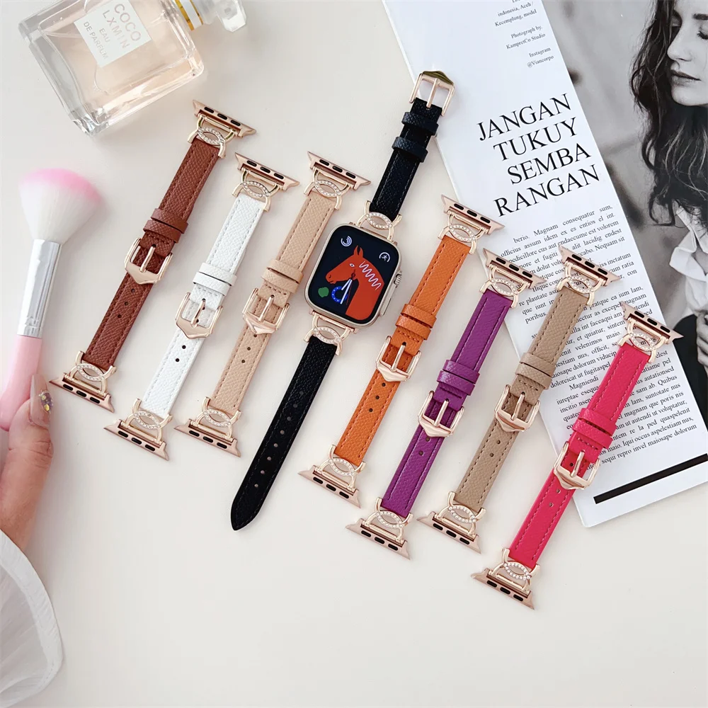 

Diamond Leather Strap For Apple Watch Band 44mm 49mm 40mm 45mm 41mm Genuine Bracelet for iWatch band 44mm Series 8 7 6 5 4 3 SE
