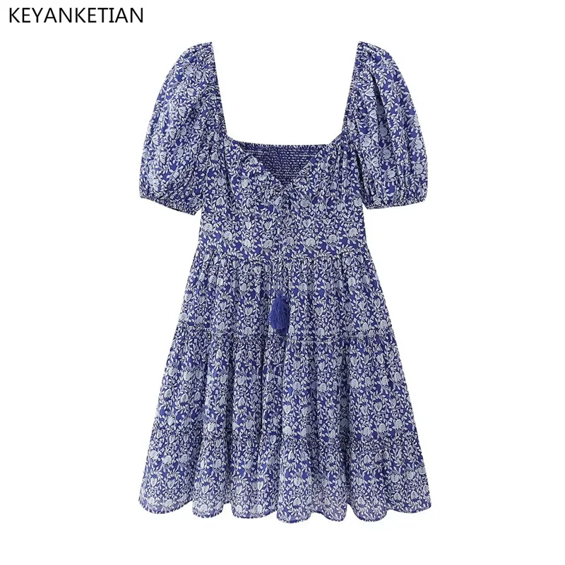 

Весенне-осеннее Новое короткое платье KEYANKETIAN с бахромой и лентами, женское платье с принтом в стиле ретро, с V-образным вырезом и пышными рукавами, тонкое мини-платье