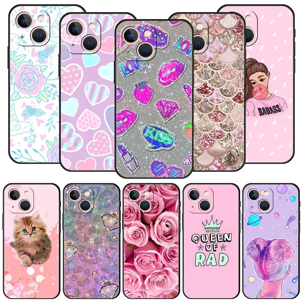 

Rose Pink Queen Luxury Phone Case For iPhone 11 12 13 Pro Max Mini X XR XS 7 8 Plus SE 2020 Soft Silicone Black Cover TPU Fundas