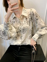 embroidered chiffon shirt womens elegant spring 2022 floral printed shirt loose thin long sleeve turn down neck loose tops