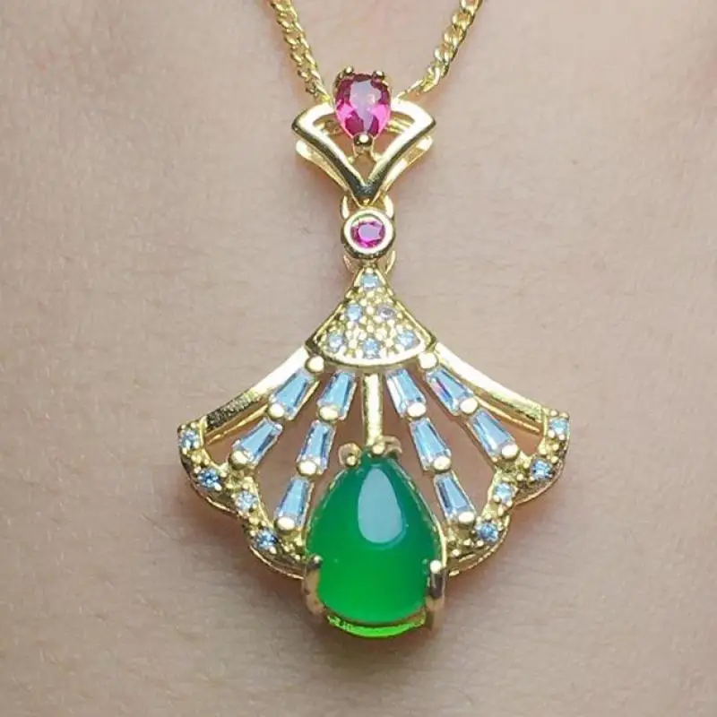 

Natural Green Jade Pendant With Zircon Ruby Fashion Charms Jewellery Women Chrysoprase Necklace Jades Stone Lucky Amulet Gift