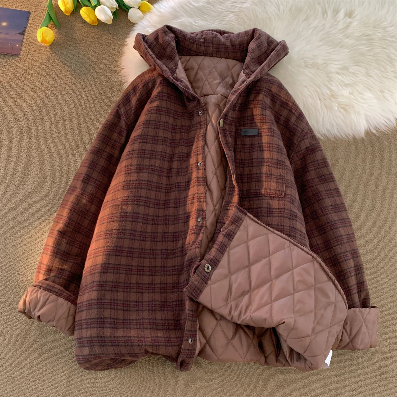 

Privathinker New Winter Women's Plaid Coat Loose Thicken Cotton Padded Jackets Fashion Korean Clothing Female Hooded Parkas