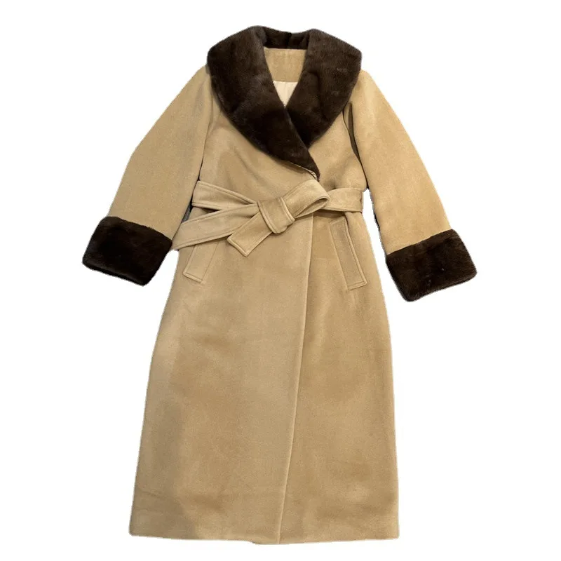 

2022 winter women's fashion luxury mink fur collar cuffs woolen body polyester lining woolen overcoat with belt