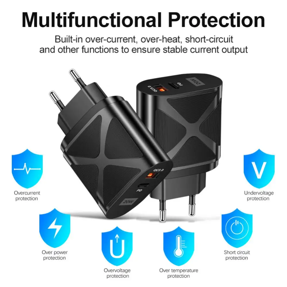 

Portable Eu Us Uk Pd Fast Charge Charger 20w Charging Head Charging Converter Head For Iphone Samsung S20 S10 Type-c Qc3.0 4a