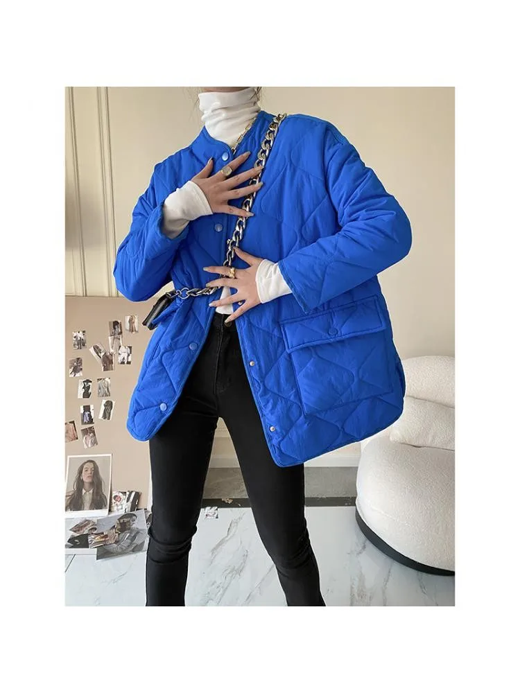 Rhine Blue Lattice Quilted Plaid Short Sustans Parka Women's 2022 New Fall Winter Single Breasted Loose Warm Coat Jacket