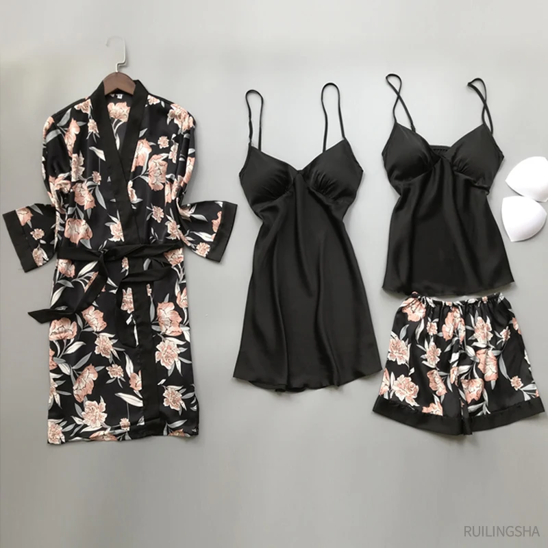

Women Summer Faux Silk 4 pieces Robe Sets Sexy Plus Size Kimono Satin Pyjama Flower Print Female Nightgowns Sleepshirts Lingerie