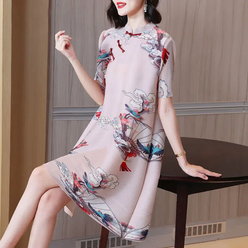 

Dress pleated printed stand-up collar loose short-sleeved mid-length dress fashion casual age-reducing a-line skirt women tops