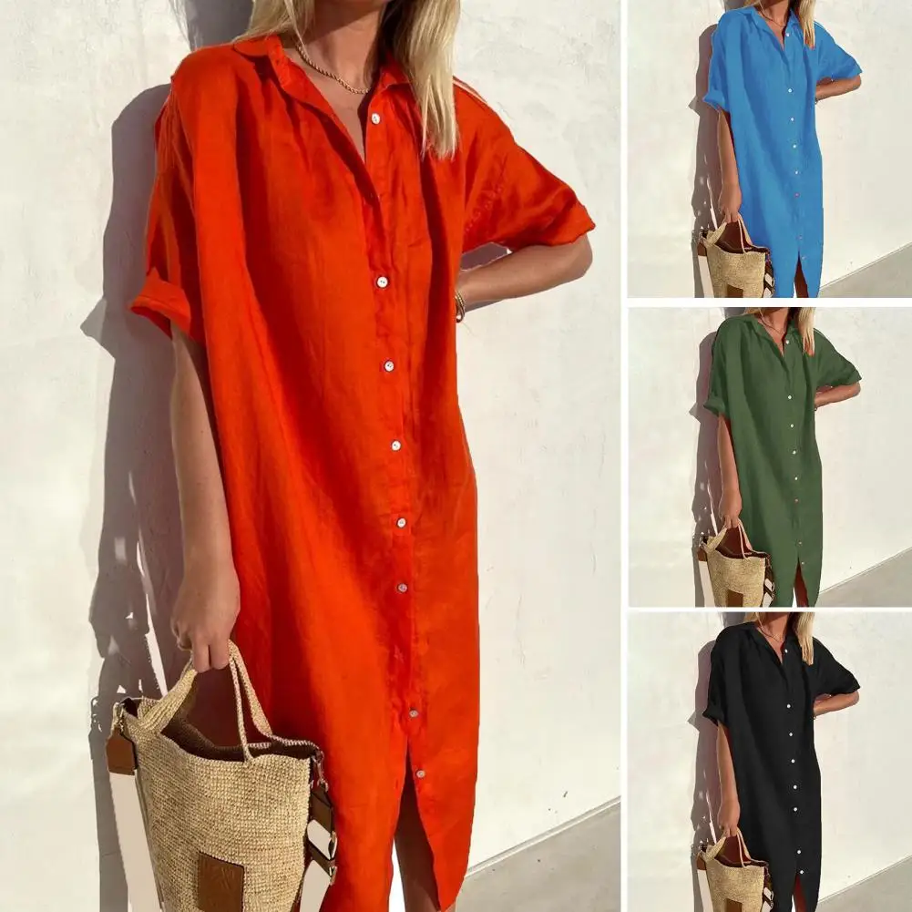 

Женское однобортное платье-рубашка с отложным воротником и коротким рукавом