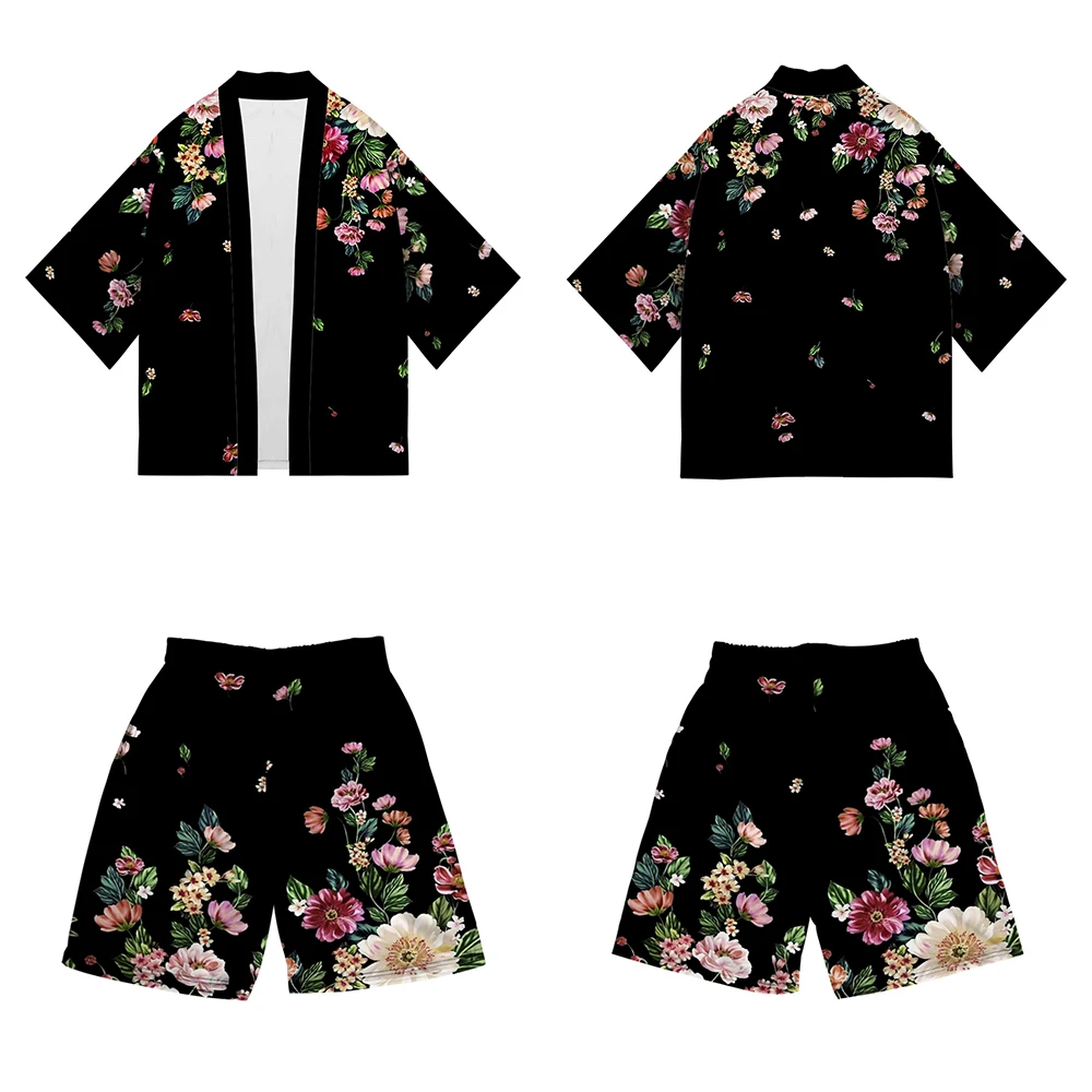 Plus Size XXS-4XL Loose Japanese Streetwear Cardigan Women Men Harajuku Flower Print Kimono Shorts Suit Cosplay Shirts Yukata