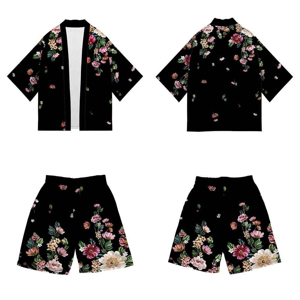 

Plus Size XXS-4XL Loose Japanese Streetwear Cardigan Women Men Harajuku Flower Print Kimono Shorts Suit Cosplay Shirts Yukata