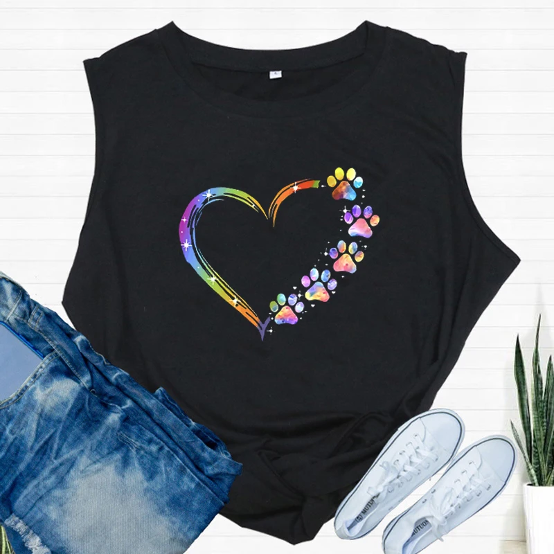 Женская модная летняя одежда повседневные топы с принтом собачьих лап и сердец