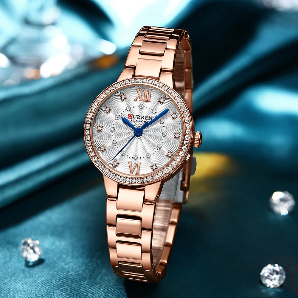 CURREN Luxury Watches For Women Stainless Steel Band Clock Female Rhinestone Dial Slim Wristwatches Ladies With 5 Piece Gift Set