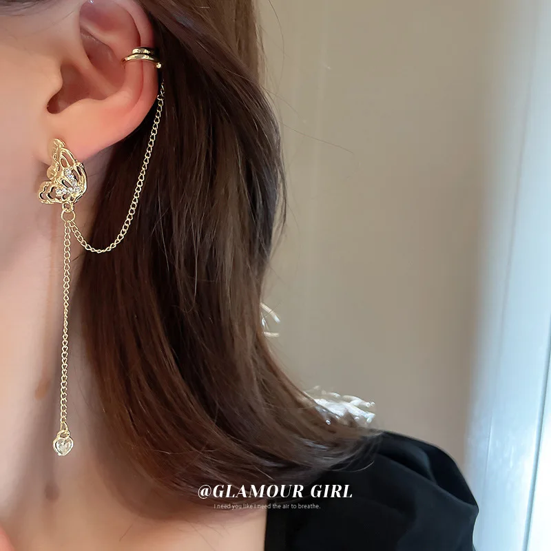 

Silver Needle Asymmetrical Diamond Inlaid Butterfly Tassel Earrings Ear Clip Integrated Fashionable High-grade Personal