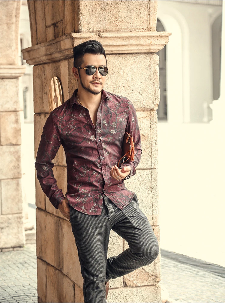Mattswag Mens Wine Red Vintage Flower Printed Shirts 2022 Spring Autumn Long Sleeve Shirts Casual Fashion Slim Fit Camisa Hombre