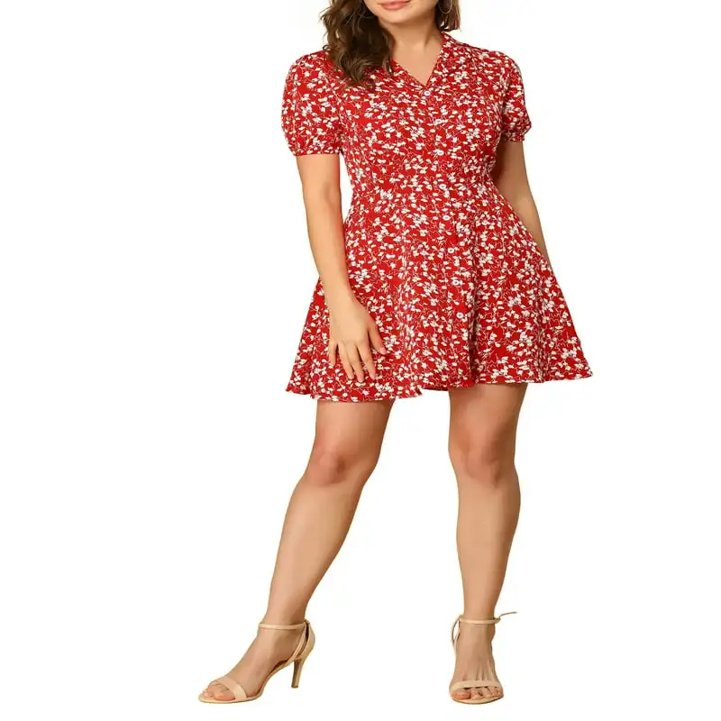 

Camp Collar V Neck Short Sleeve Button a Line Mini Dress