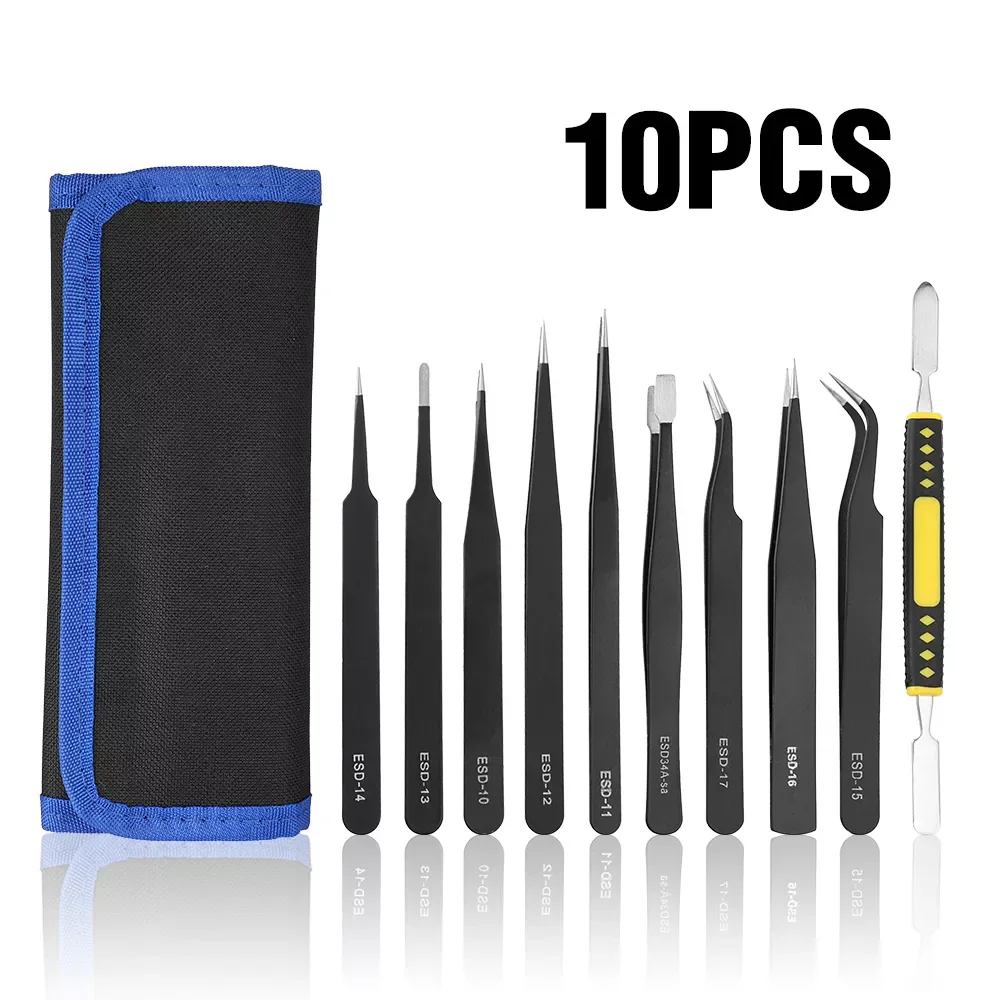 

NEW 10pcs Anti-static ESD Stainless Steel Tweezers Maintenance Tools Industrial Precision Curved Straight Tweezers Repair Tools