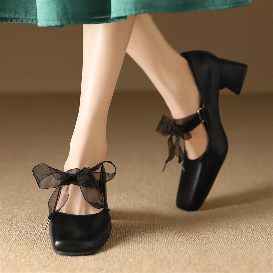 

Sexy High Heels Women Shoes 2023 Dropshopping Banderole British Style Square Head Party Office Shoes Pumps Plus Size 48