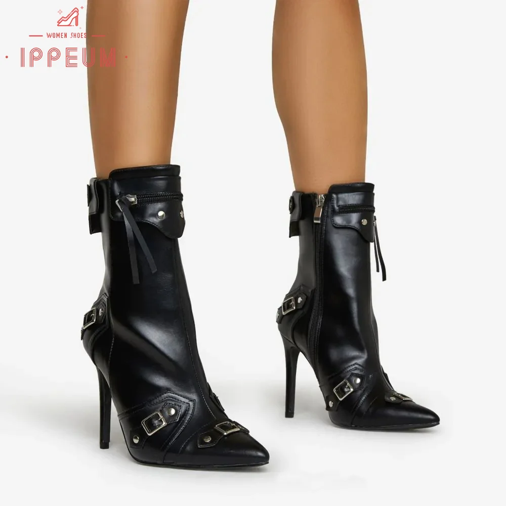 

IPPEUM Black Botines Mujer Pointed Toe Stiletto High Heel Buckle Side Zip Runway Ankle Boots Luxury Brand Designer Shoes 2022