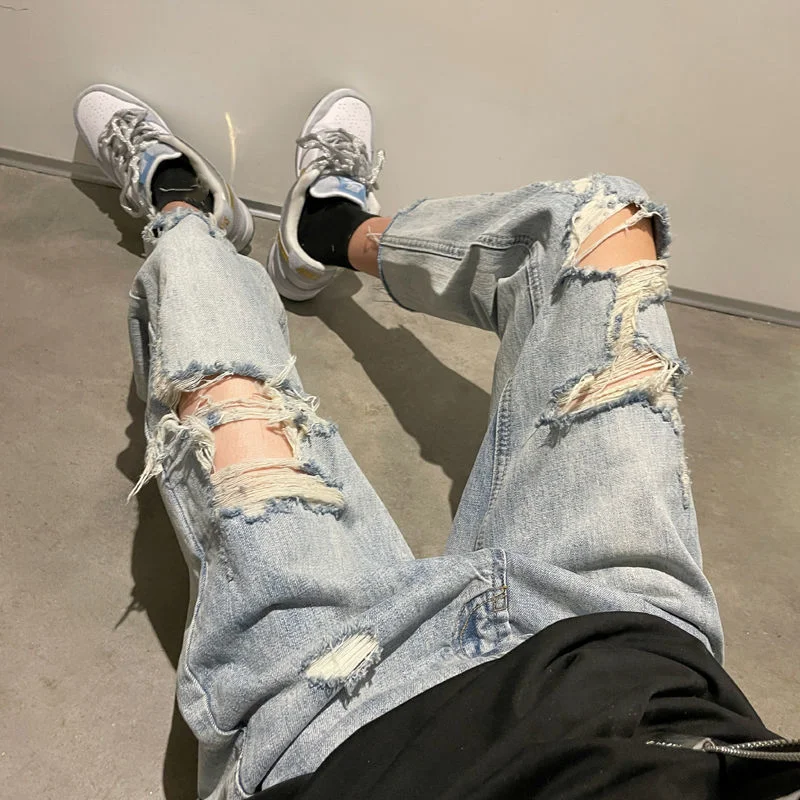 Hole Jeans for Men Summer Fashion Thin Loose Pants Bottoms Handsome Vintage Casual Trousers Male Cloting Streetwear Plus Size