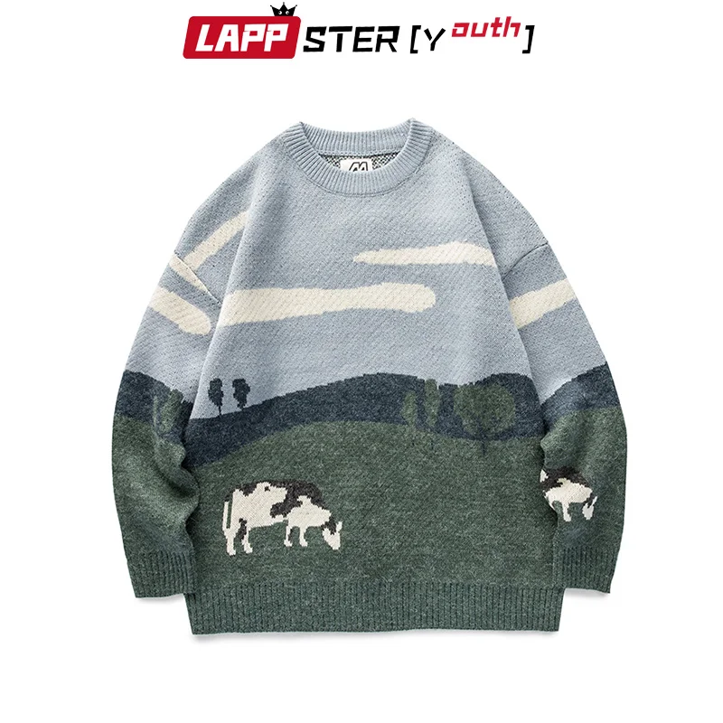 

LAPPSTER-Youth Men Cows Vintage Winter Sweaters 2023 Pullover Mens O-Neck Korean Fashions Sweater Women Casual Harajuku Clothes