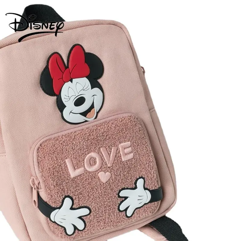 Disney Mickey Mouse Shoulder Backpack for Girls Children Color Cotton Twill Canvas Embroidery Love Minnie Cartoon Pattern