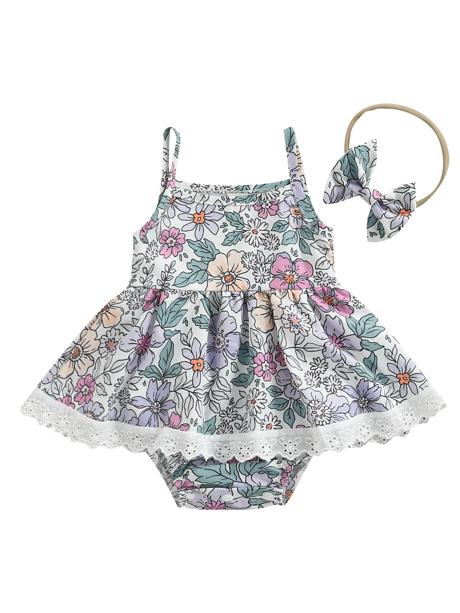 

Txlixc Fashion Baby Girl Romper Floral Print Sleeveless Sling Lace Ruffle Hem Jumpsuit Headband Cute Baby Bodysuits